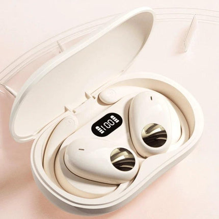 Open Ear Bluetooth Earphones For Commuting And Hands Free Calls white JS911 ear-mounted model with LED display in charging case