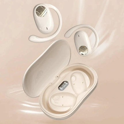 Open Ear Bluetooth Earphones For Commuting And Hands Free Calls white ear-mounted design with LED display in charging case