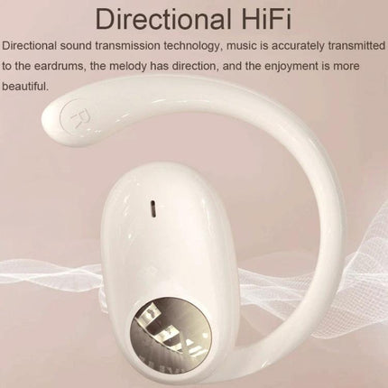 Open Ear Bluetooth Earphones For Commuting And Hands Free Calls white ear-mounted JS911 with LED display and on-device controls