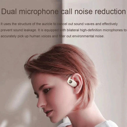 Open Ear Bluetooth Earphones For Commuting And Hands Free Calls woman wearing open-ear JS911 with LED display and dual-mic noise reduction