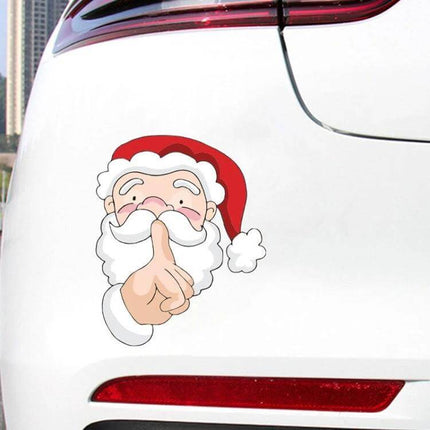 Christmas Santa Claus and Elk Car Window Sticker Decals showing Santa with finger to lips applied to white car bumper