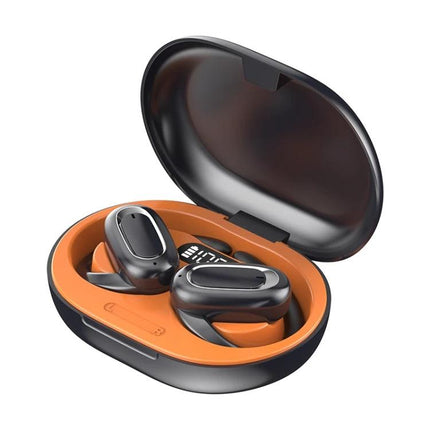 Adjustable Ear Hook Wireless Earphones For Commuting And Gym Use black earbuds in open orange charging case, stable fit for workouts