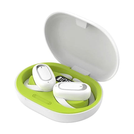 Adjustable Ear Hook Wireless Earphones For Commuting And Gym Use white earbuds in compact green-lined charging case, lightweight fit
