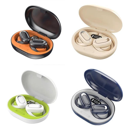 Adjustable Ear Hook Wireless Earphones For Commuting And Gym Use shown in black white blue charging cases, stable breathable fit