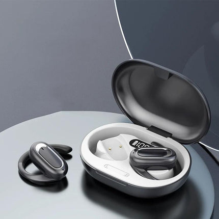 Adjustable Ear Hook Wireless Earphones For Commuting And Gym Use - black earbuds with charging case shown