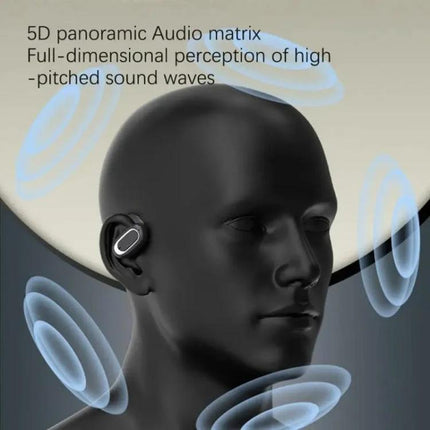 Adjustable Ear Hook Wireless Earphones For Commuting And Gym Use showing black ear-hook earbud on mannequin with sound waves