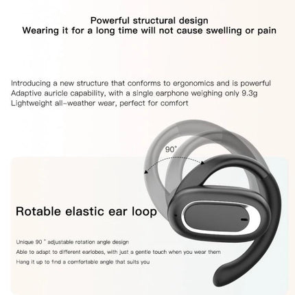 Adjustable Ear Hook Wireless Earphones For Commuting And Gym Use showing rotatable elastic ear loop in black ergonomic 90°