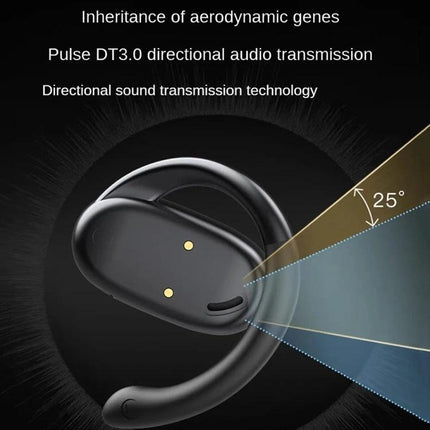 Adjustable Ear Hook Wireless Earphones For Commuting And Gym Use black ear-hook earbud shown with 25° directional audio diagram