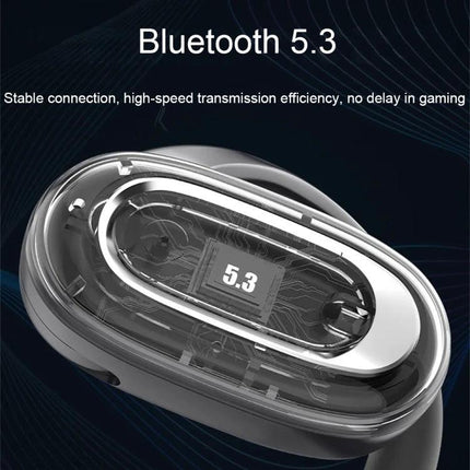 Adjustable Ear Hook Wireless Earphones For Commuting And Gym Use black ear-hook earbuds showing Bluetooth 5.3 chip close-up
