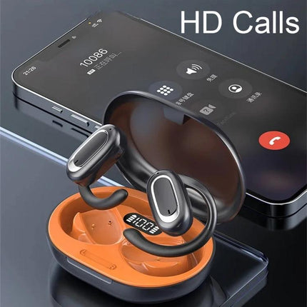 Adjustable Ear Hook Wireless Earphones For Commuting And Gym Use shown with open charging case and smartphone for HD calls