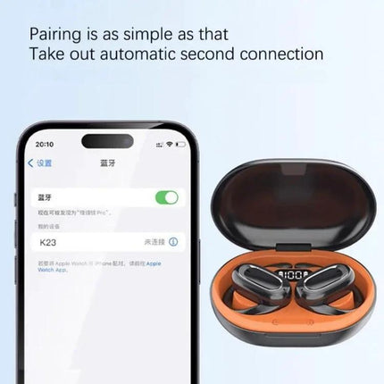 Adjustable Ear Hook Wireless Earphones For Commuting And Gym Use showing phone pairing screen with charging case and earbuds