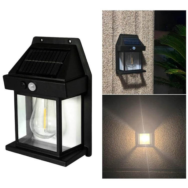 Solar Outdoor Tungsten Wall Light For Garden, Three Mode, Weatherproof black ABS solar-powered wall lamp with motion sensor and warm filament-style LED