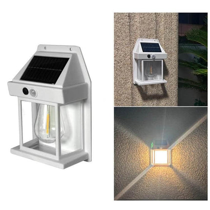 Solar Outdoor Tungsten Wall Light For Garden, Three Mode, Weatherproof white solar tungsten wall lamp with motion sensor mounted on exterior wall