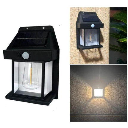 Solar Outdoor Tungsten Wall Light For Garden, Three Mode, Weatherproof black solar-powered tungsten wall light with motion sensor and weatherproof ABS housing