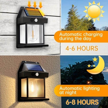 Solar Outdoor Tungsten Wall Light For Garden, Three Mode, Weatherproof on exterior wall showing solar charging by day and automatic warm lighting at night