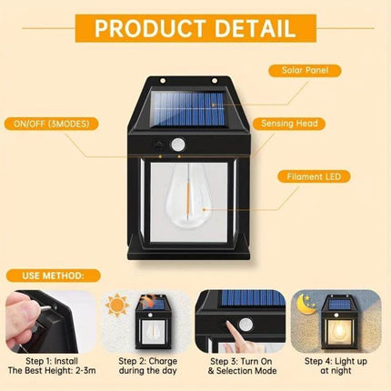 Solar Outdoor Tungsten Wall Light For Garden, Three Mode, Weatherproof - black solar wall lantern with filament LED, sensor, and 3-mode switch