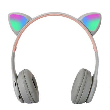 Lighted Cat Ear Bluetooth Headset For Casual Gaming And Music gray LED cat ear wireless headphones with pink accents