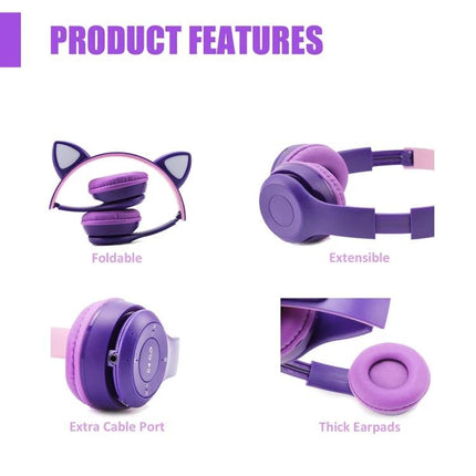 Lighted Cat Ear Bluetooth Headset For Casual Gaming And Music purple foldable LED cat-ear headphones