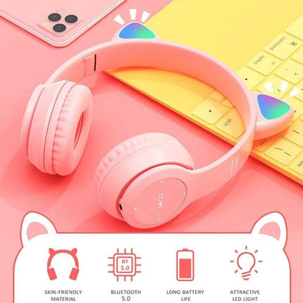 Lighted Cat Ear Bluetooth Headset For Casual Gaming And Music pink LED cat-ear wireless headset for gaming