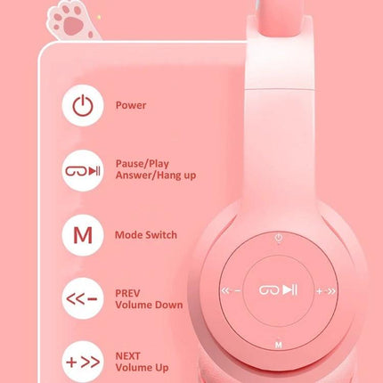 Lighted Cat Ear Bluetooth Headset For Casual Gaming And Music pink LED cat-ear wireless headset with control buttons