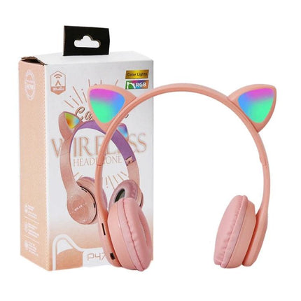 Lighted Cat Ear Bluetooth Headset For Casual Gaming And Music pink LED cat-ear wireless headset with box