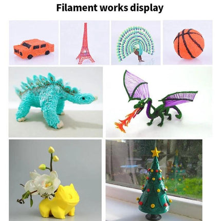 1.75mm PCL 3D Printing Filament Set with 10 Colors showing colorful printed models like dinosaur, dragon, tree, car and toys