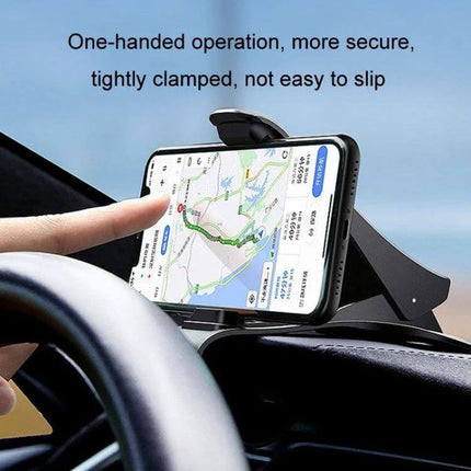 Car Dashboard Navigation Mobile Phone Holder For Hands Free Driving showing phone mounted on dashboard with secure soft-grip clamp, one-handed access for navigation