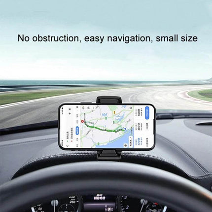 Car Dashboard Navigation Mobile Phone Holder For Hands Free Driving mounted on dash showing phone navigation map with compact, no-obstruction view