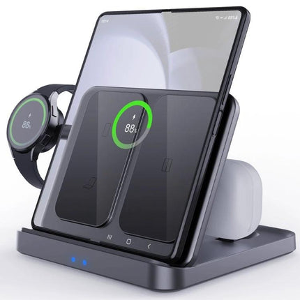 Daily Charging Station for Samsung Phones and Wearables at Home charging Samsung Galaxy phone, earbuds, and smartwatch on a desk organizer