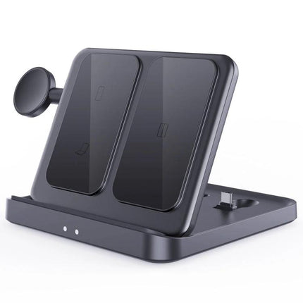 Daily Charging Station for Samsung Phones and Wearables at Home on a desk, dual wireless pads with watch and earbuds charging, declutters cords