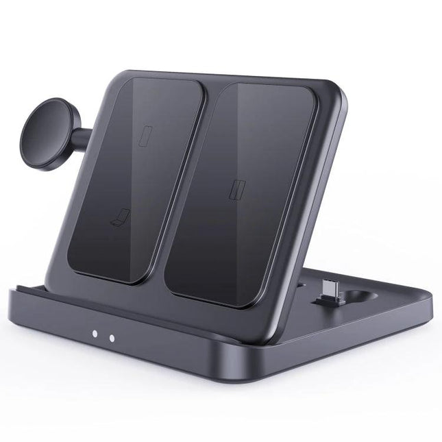 Daily Charging Station for Samsung Phones and Wearables at Home on a desk, dual wireless pads with watch and earbuds charging, declutters cords