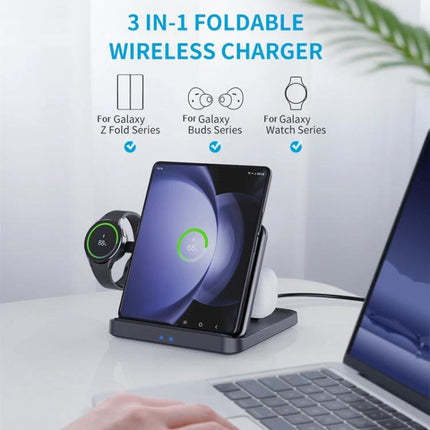 Daily Charging Station for Samsung Phones and Wearables at Home - 3-in-1 foldable wireless charger on desk powering Galaxy phone, Buds, and Watch