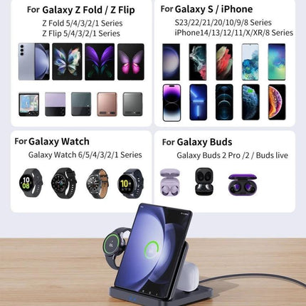 Daily Charging Station for Samsung Phones and Wearables at Home showing Galaxy phone, watch, and buds charging on a clutter-free nightstand
