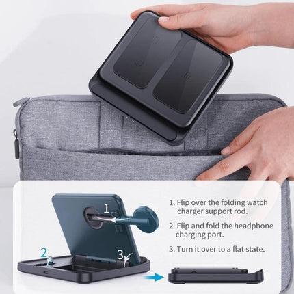 Daily Charging Station for Samsung Phones and Wearables at Home - compact folding wireless charger shown packed into a travel pouch