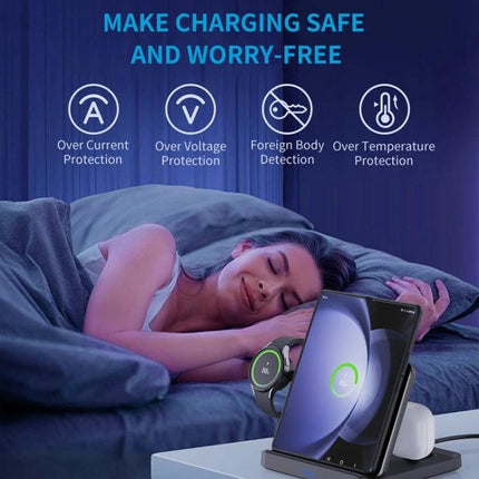 Daily Charging Station for Samsung Phones and Wearables at Home on nightstand charging Galaxy phone, earbuds and smartwatch safely while person sleeps