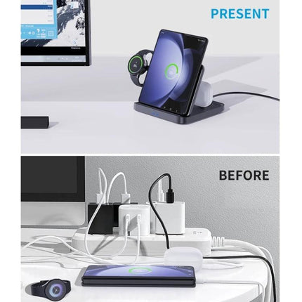 Daily Charging Station for Samsung Phones and Wearables at Home on desk showing tidy wireless charging of Galaxy phone, earbuds and smartwatch