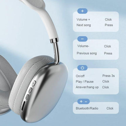 Wireless Over Ear Bluetooth Headphones With Memory Foam in silver showing controls and call/music buttons for commuting use