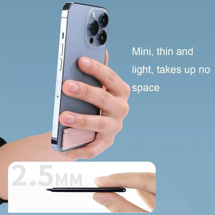 Mini Foldable Back-Mounted Holder for Phones and Tablets attached to phone showing slim 2.5mm profile and hands-free use