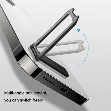 Mini Foldable Back-Mounted Holder for Phones and Tablets showing multi-angle adjustment on a smartphone for hands-free viewing