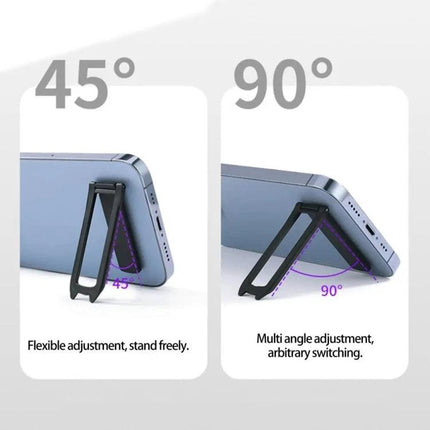 Mini Foldable Back-Mounted Holder for Phones and Tablets showing 45° and 90° adjustable stand angles on a smartphone