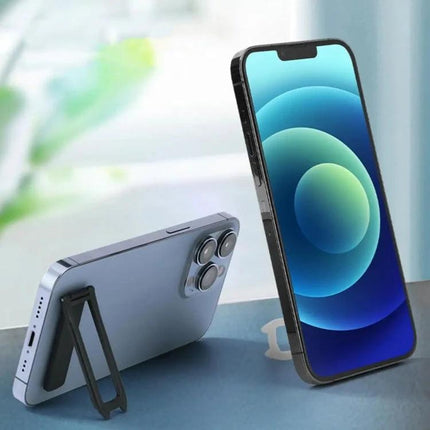 Mini Foldable Back-Mounted Holder for Phones and Tablets shown holding two smartphones hands-free on a desk, compact ABS and stainless steel design