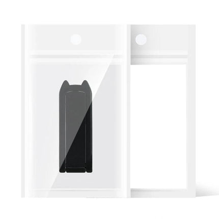 Mini Foldable Back-Mounted Holder for Phones and Tablets compact black stand in clear retail pouch, ABS and stainless steel construction