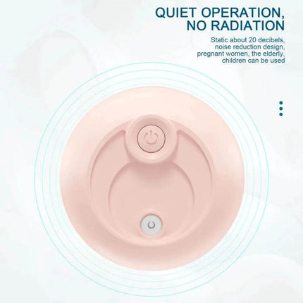 Quiet USB Plug In Humidifier For Car And Home Use Everyday quiet pink compact USB plug-in humidifier top view, 220ml tank, quiet operation