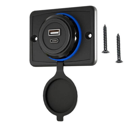 Car USB Socket Charger IP65 For Vehicles Everyday Use - black waterproof dual USB-A and USB-C panel mount with protective cap and screws