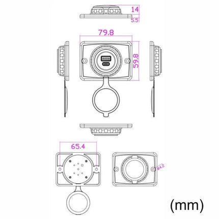 Car USB Socket Charger IP65 For Vehicles Everyday Use - technical dimension drawing showing front, side, and top views with measurements (mm)