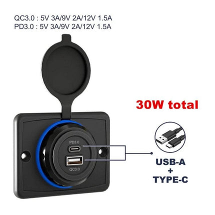Car USB Socket Charger IP65 For Vehicles Everyday Use - IP65 weatherproof USB-A + USB-C PD3.0 QC3.0 30W 12–24V vehicle socket with cover