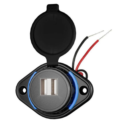 Waterproof Dual USB Car Charger For 12-24V Vehicles - black nylon fiber-reinforced waterproof dual USB port with wiring and protective cap