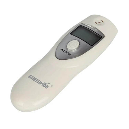 Compact Portable Breathalyzer for Alcohol Testing and Safety - white handheld BAC tester with power button and LCD display