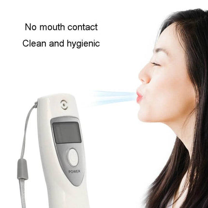 Compact Portable Breathalyzer for Alcohol Testing and Safety being used hands-free with no mouth contact for clean, hygienic BAC testing