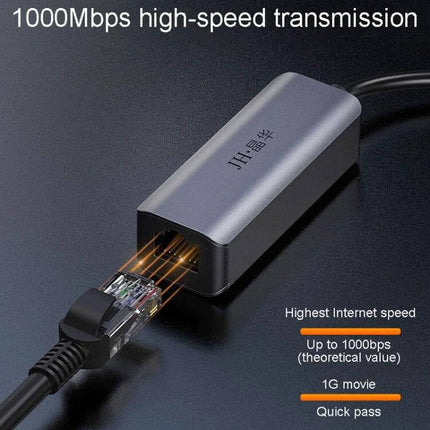 JINGHUA Gigabit LAN Converter for Computer Network Connections - compact USB/Type-C to Ethernet adapter showing RJ45 cable and 1000Mbps label